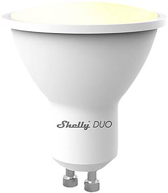 Weiße LED-Lampe mit der Aufschrift 'Shelly DUO', geeignet für GU10-Fassungen. Emittiert warmes Licht, energiesparend.