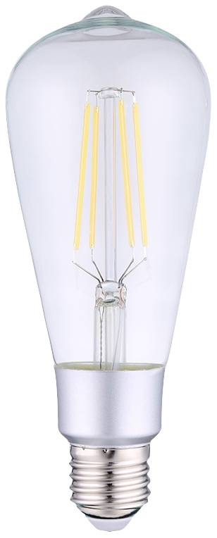 Eine Edison-Glühbirne mit sichtbaren Filamenten und einer E27-Fassung. Die Birne hat eine tropfenförmige Form.