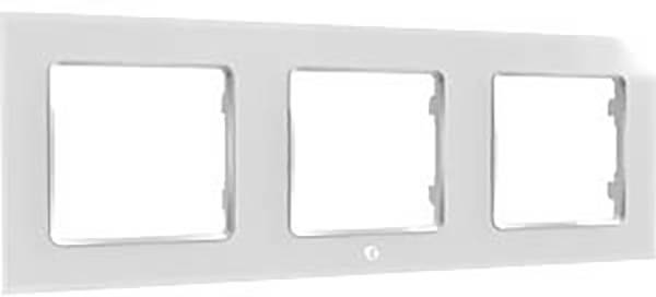 Dreifach-Rahmen für Lichtschalter, weiß, rechteckig. Geeignet zur Installation in elektrischen Schalterdosen. Standardmäßige Größe und Form.
