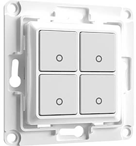 Vierfach-Wandschalter mit weißen Tasten in quadratischem Gehäuse, geeignet für Lichtsteuerung oder andere elektrische Funktionen.