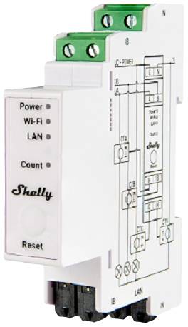 Ein weißer elektrischer Netzwerkschalter mit grünen Schraubanschlüssen, beschriftet mit 'Power', 'Wi-Fi', 'LAN' und 'Shelly'.