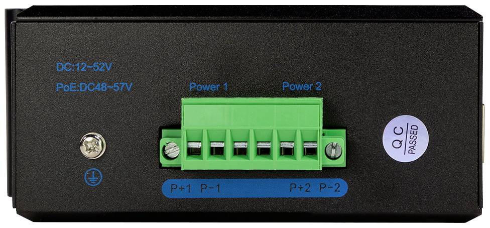 Ein schwarzes elektrisches Gerät mit einem grünen Anschlussblock in der Mitte, beschriftet mit 'Power 1' und 'Power 2'.
