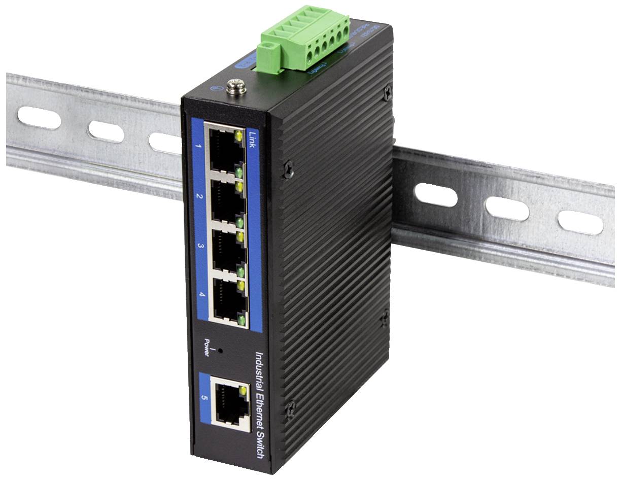 Ein schwarzer industrieller Ethernet-Switch mit fünf Ports, montiert an einer Metallschiene, zeigt Netzwerkanschlüsse und LED-Anzeigen.
