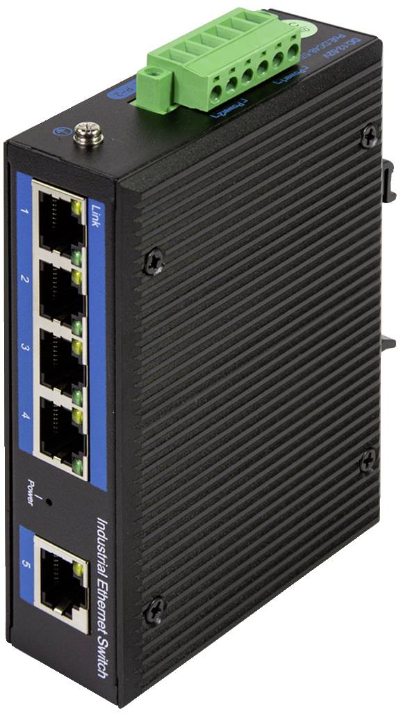 Ein industrieller Ethernet-Switch mit fünf RJ45-Ports und einem grünen Steckverbinder an der Oberseite, für verlässliche Netzwerkverbindungen.