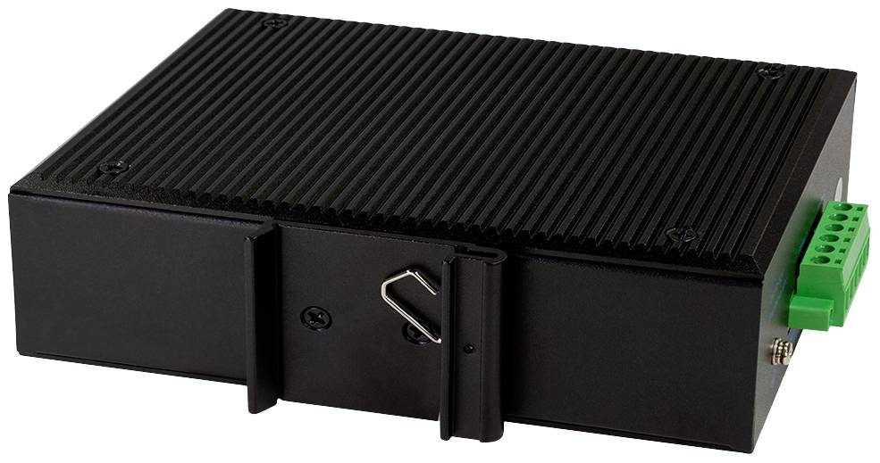 Ein rechteckiges, schwarzes elektronisches Gerät mit geripptem Gehäuse und grünen Anschlussklemmen, vermutlich ein Industriemodul.