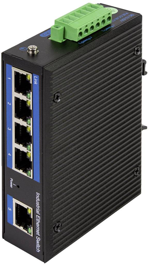 Ein industrieller Ethernet-Switch mit fünf RJ45-Ports und einem grünen Anschlussblock oben, geeignet für Netzwerkanwendungen in rauen Umgebungen.