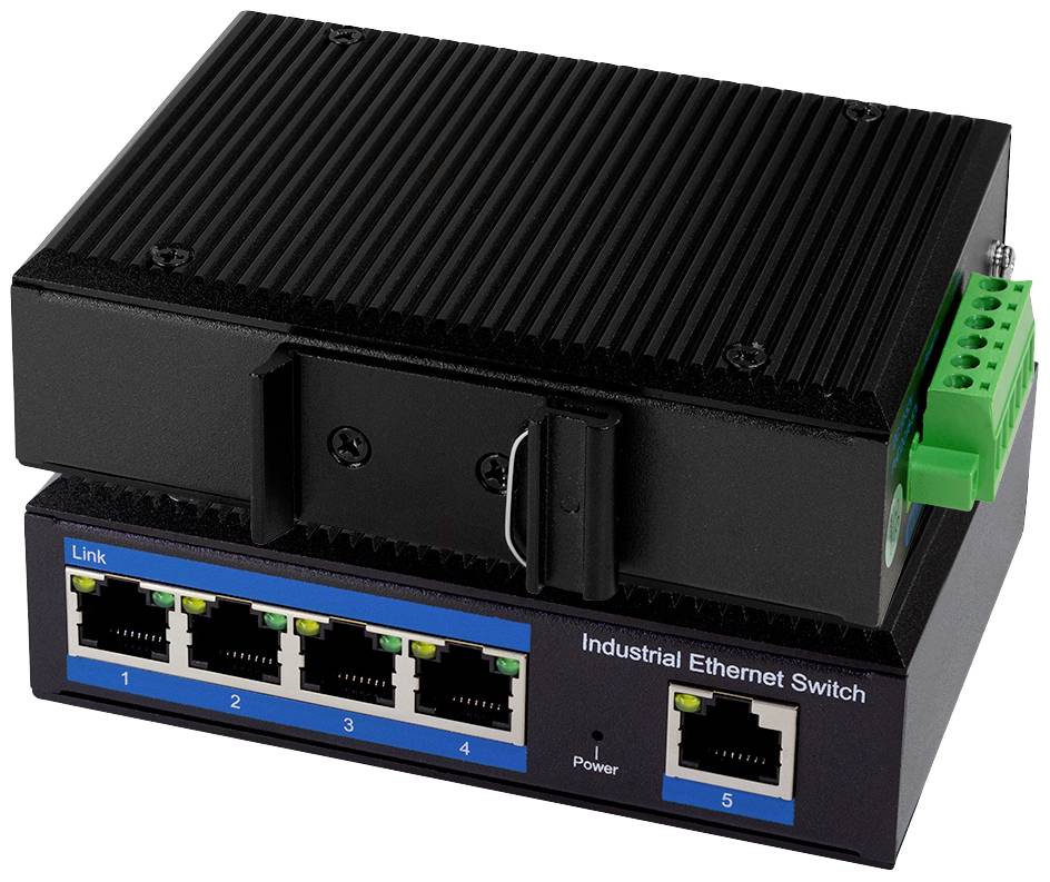 Industrieller Ethernet-Switch mit fünf Anschlüssen, geeignet für robuste Netzwerke.