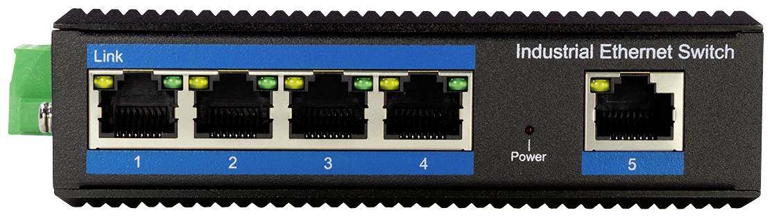 Industrieller Ethernet-Switch mit fünf RJ45-Ports, nummeriert von 1 bis 5. Der Port 'Link' ist hervorgehoben. Betriebsanzeige 'Power' leuchtet.