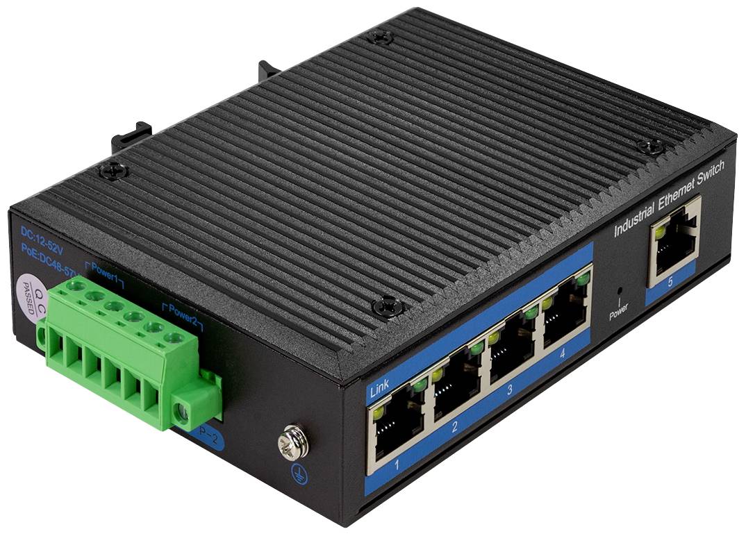 Schwarzer industrieller Ethernet-Switch mit mehreren LAN-Ports und grünen Anschlussklemmen, geeignet für robuste industrielle Anwendungen.