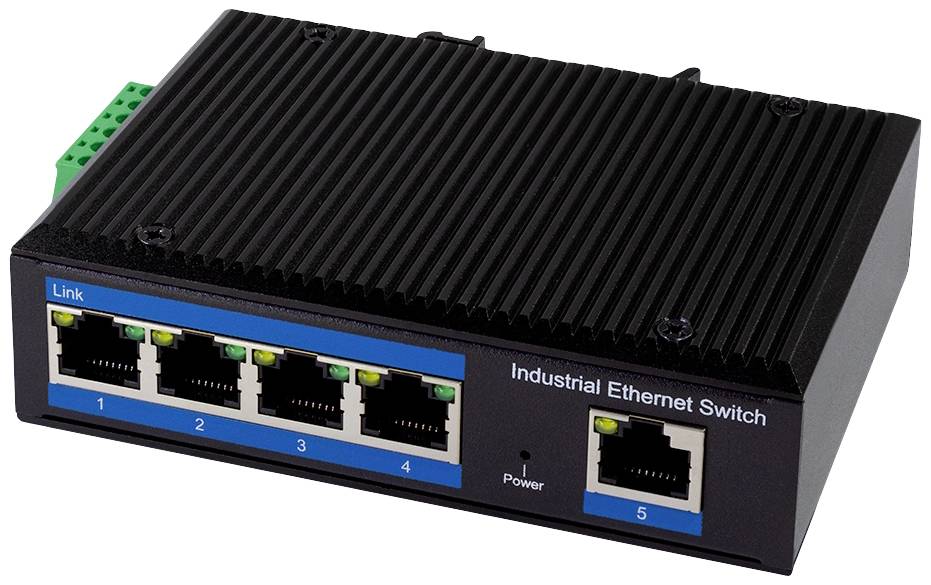 Industrieller Ethernet-Switch mit fünf Ports zur Vernetzung von Geräten in industriellen Umgebungen.