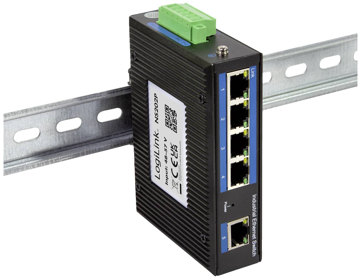 Industrieller Ethernet-Switch mit fünf Anschlüssen, montiert auf einer Metallschiene. Zeigt Netzwerkverbindungen und Stromanschluss.