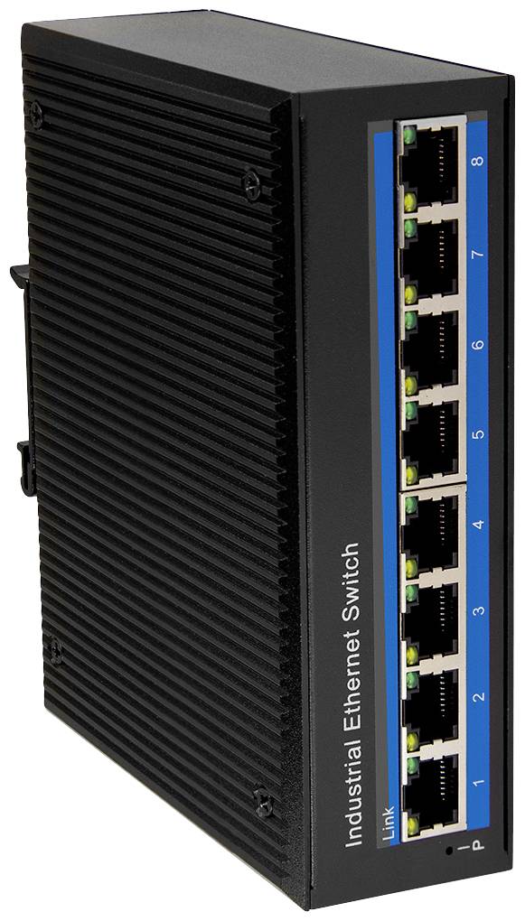 Industrieller Ethernet-Switch mit acht Netzwerkanschlüssen und blauer Beschriftung auf der rechten Seite.