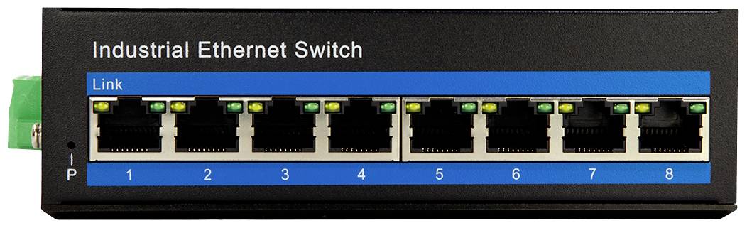 Industrieller Ethernet-Switch mit acht nummerierten Anschlüssen, die durch grüne LEDs angezeigt werden. Text 'Industrial Ethernet Switch'.