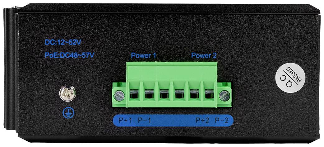 Ein schwarzes elektrisches Gerät mit grünen Anschlüssen und blauer Beschriftung 'Power', 'P+1', 'P-1', 'P+2', 'P-2'. Links Aufkleber mit Spannungsspezifikation und Schraube.