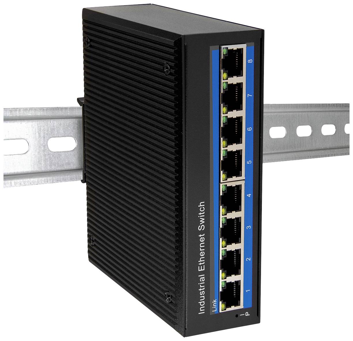 Ein industrieller Ethernet-Switch mit acht Ports ist an einer DIN-Schiene montiert, zur Verwendung in industriellen Netzwerken geeignet.