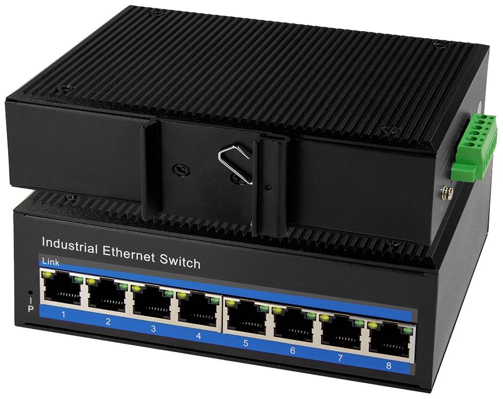 Industrieller Ethernet-Switch mit acht blauen RJ45-Ports, schwarzem Gehäuse und grünem Anschlussmodul an der Seite.