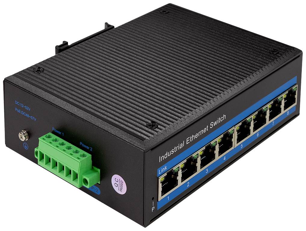 'Industrieller Ethernet-Switch mit 8 Ports', Hauptansicht zeigt Anschlüsse und Statusleuchten auf der Vorderseite.