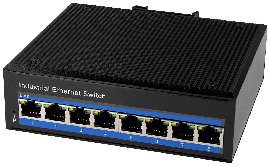 Schwarzer industrieller Ethernet-Switch mit acht Netzwerkanschlüssen auf Vorderseite. Beschriftung: 'Industrial Ethernet Switch'.