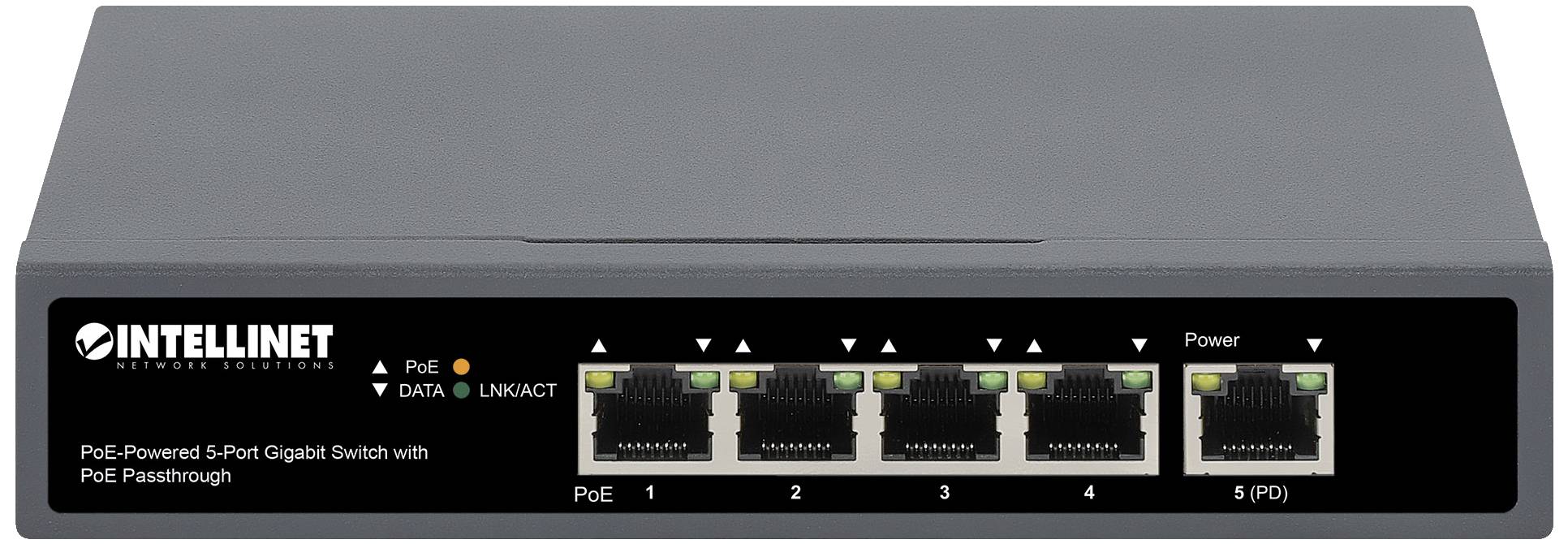 Intellinet PoE-Powered 5-Port Gigabit Netzwerk Switch RJ45 10 / 100 / 1000MBit/s IEEE 802.3af (12.95 W), IEEE 802.3at (25.5 W)
