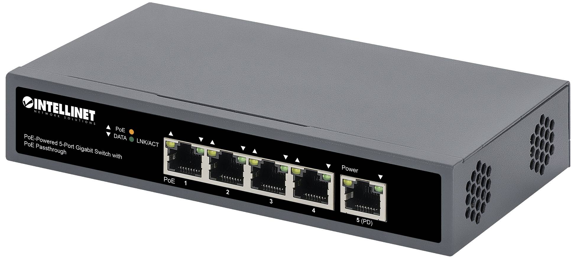 Intellinet PoE-Powered 5-Port Gigabit Netzwerk Switch RJ45 10 / 100 / 1000MBit/s IEEE 802.3af (12.95 W), IEEE 802.3at (25.5 W)