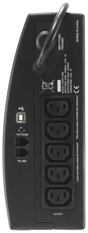 Eine USV (Unterbrechungsfreie Stromversorgung) mit sechs Steckdosen und Anschlüssen, einschließlich USB und Telefonnetzwerk.