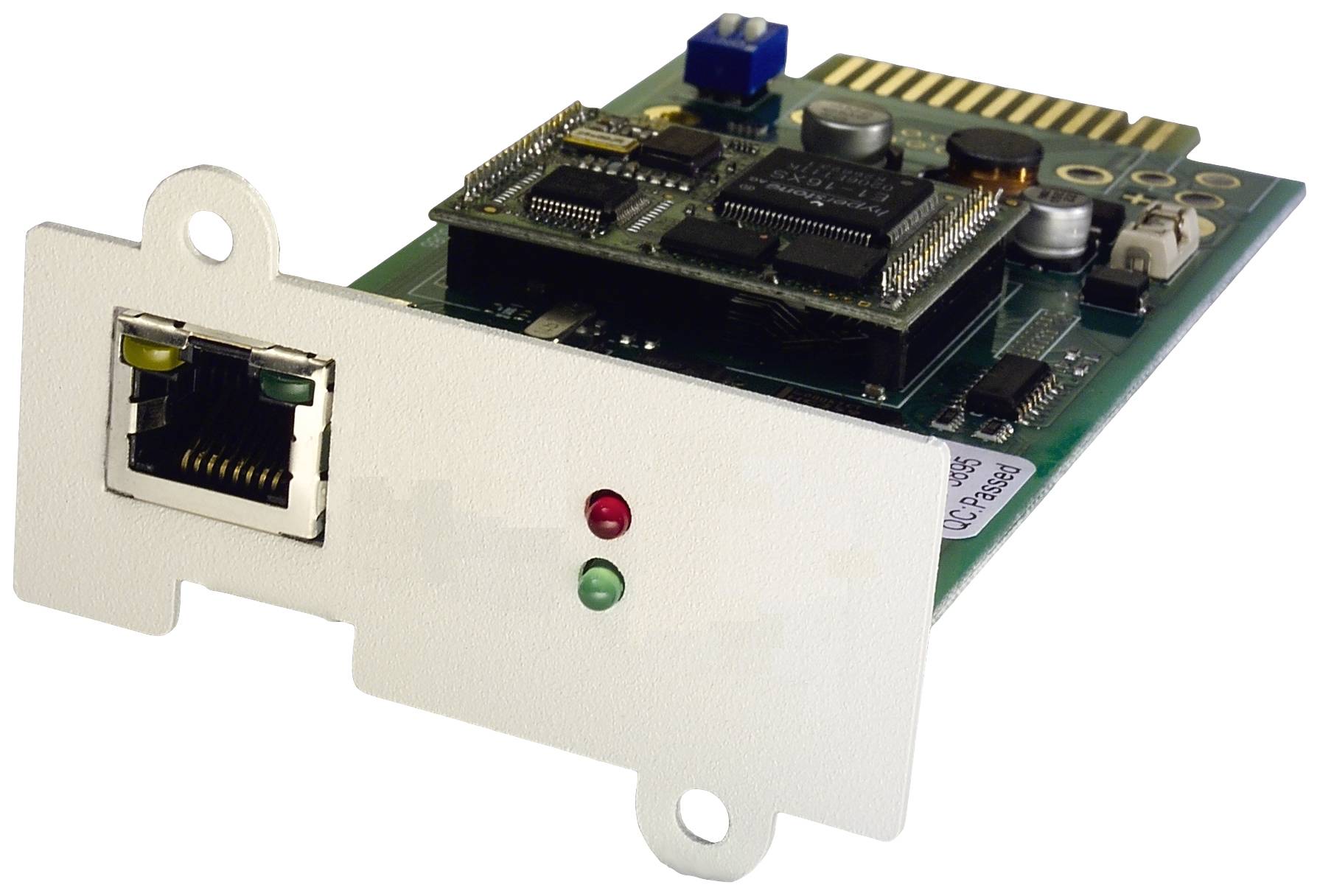 Eine grüne elektronische Platine mit mehreren Komponenten, darunter ein Ethernet-Anschluss und zwei LED-Anzeigen, vermutlich für Netzwerkschnittstellen.