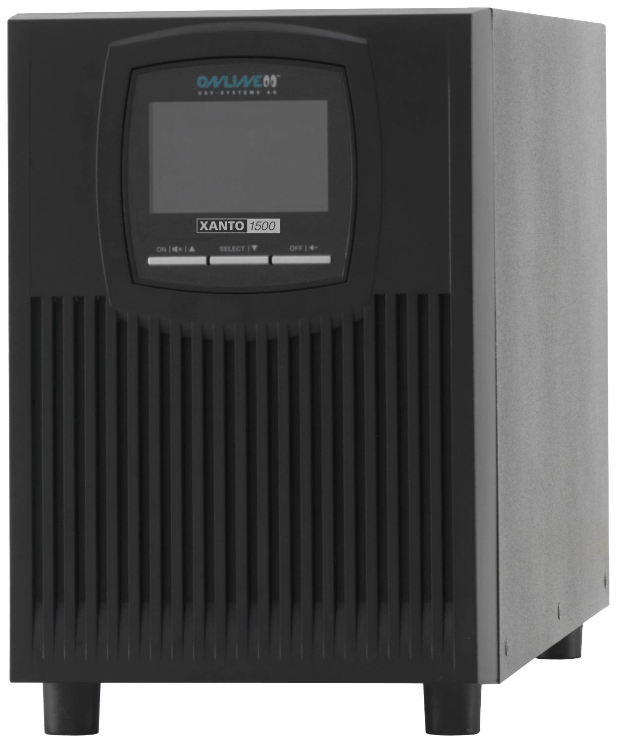 Ein schwarzes USV-Gerät mit einem digitalen Display auf der Vorderseite und der Aufschrift 'XANTO 1500'.
