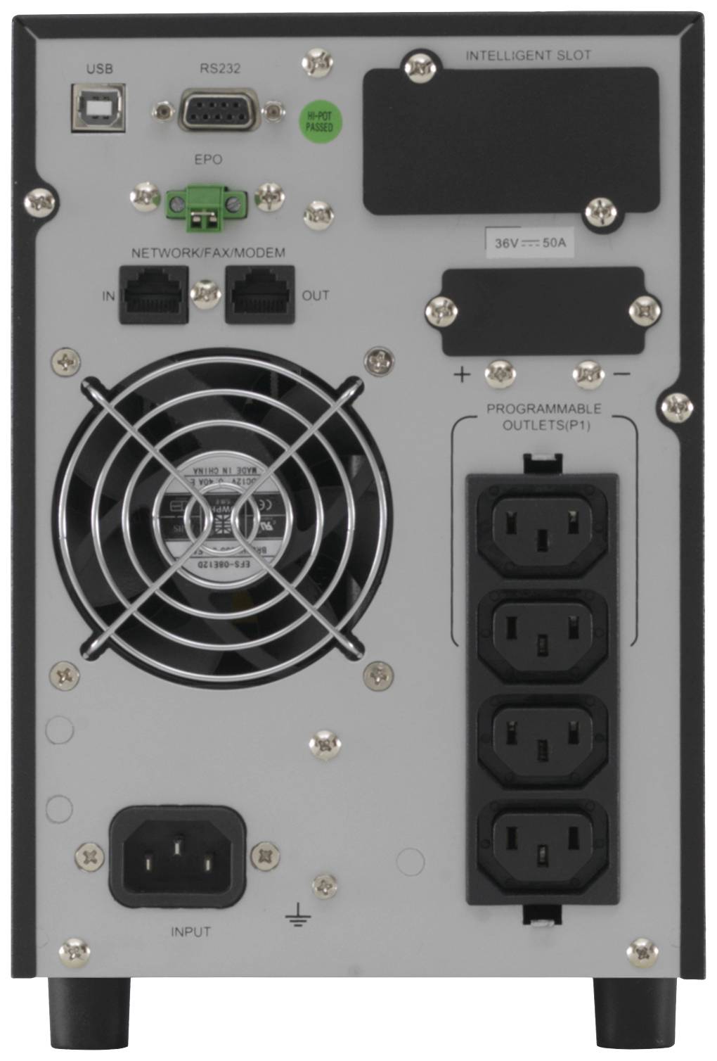 Rückseite eines Geräts mit USB-, RS232- und Netzwerkanschlüssen, sowie einem Lüfter und programmierbaren Steckdosen.