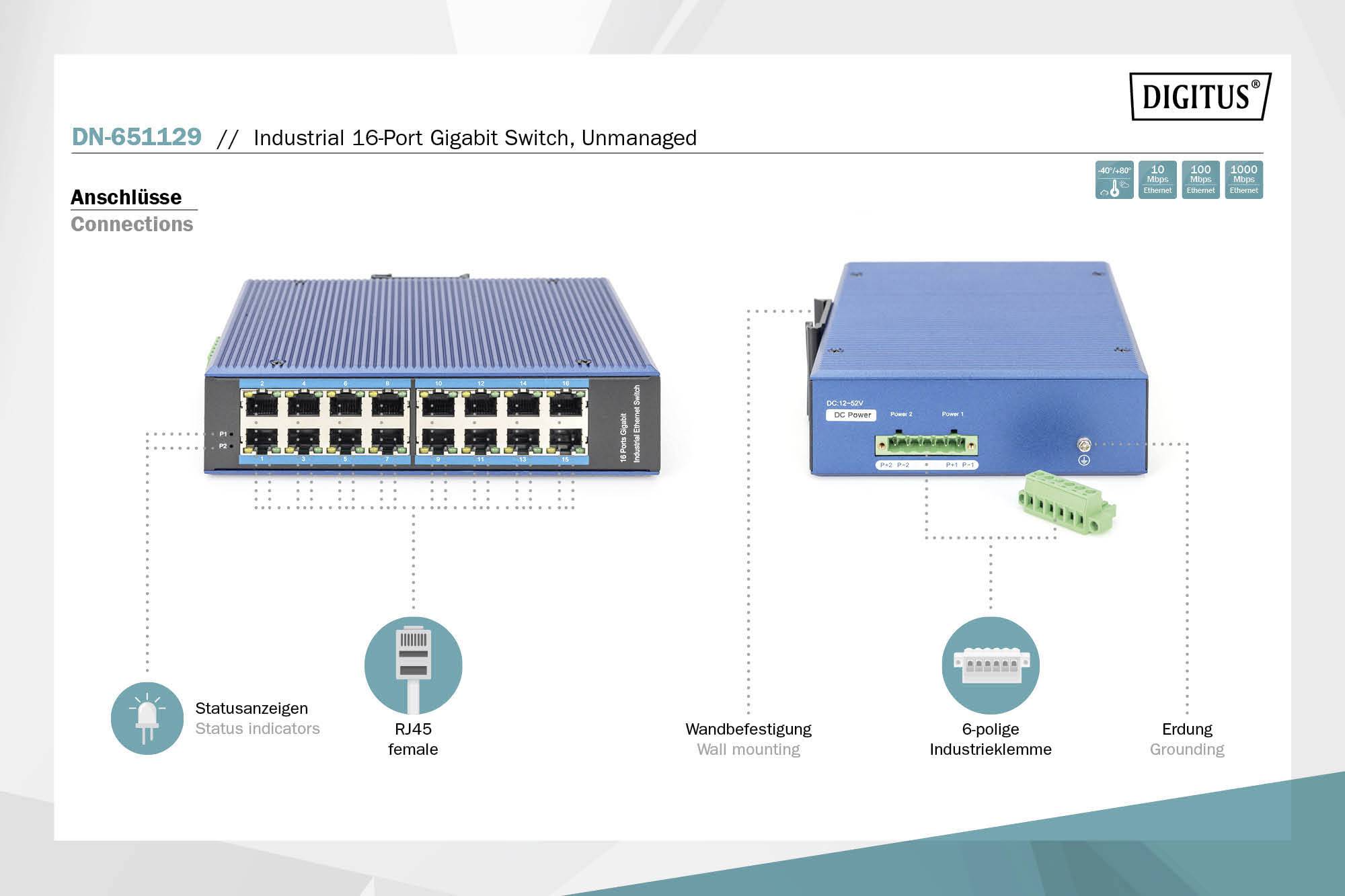 Digitus DN-651129 Industrial Ethernet Switch 16 Port 10 / 100 / 1000 MBit/s