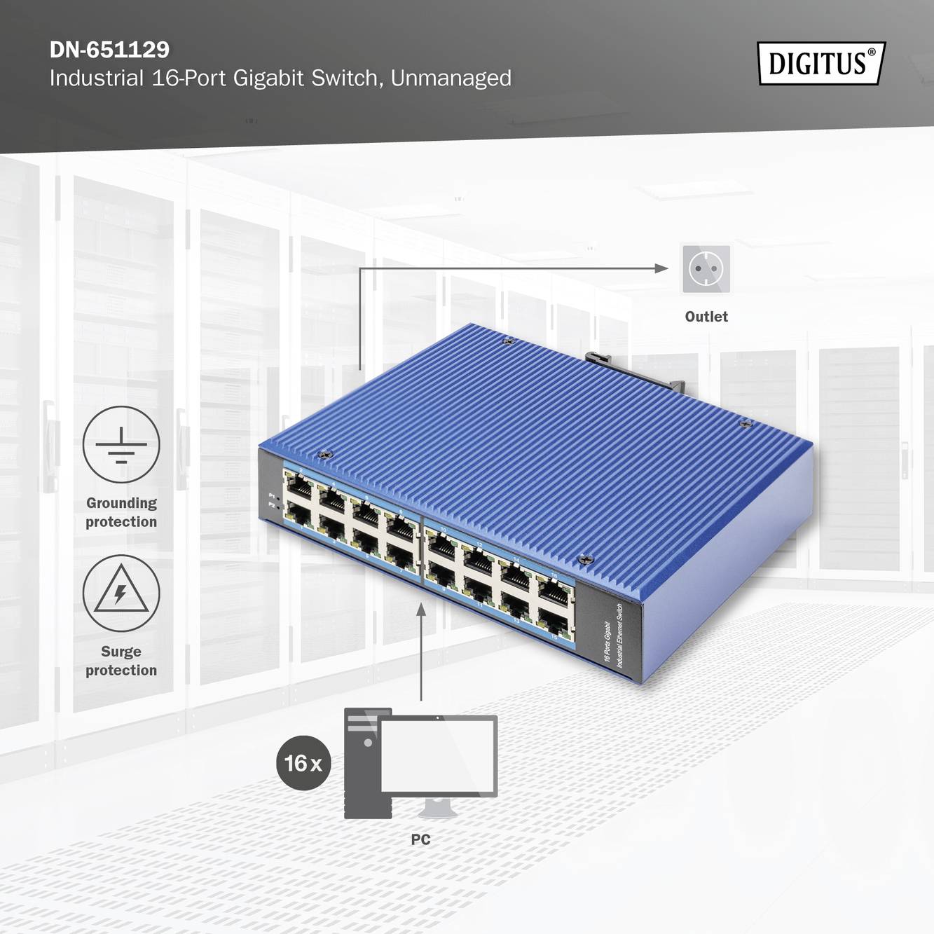 'DN-651129 Industrial 16-Port Gigabit Switch, Unmanaged' vor Serverraumkulisse. Bild zeigt die Anschlüsse, Erdung und Überspannungsschutz.