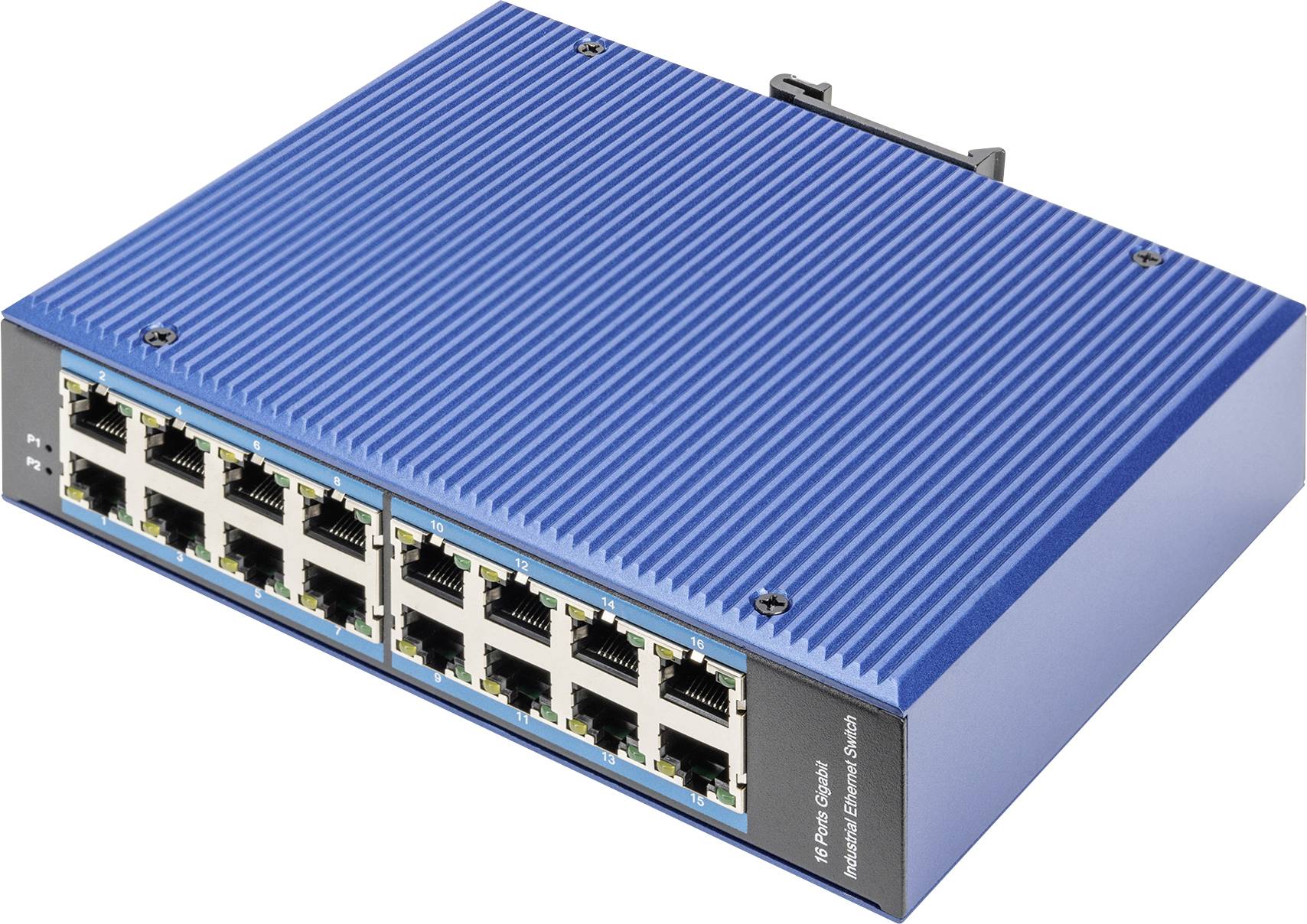 Ein blauer Ethernet-Switch mit 16 Ports. Geeignet für Netzwerkanwendungen, stapelbar mit robustem Design für industrielle Umgebungen.