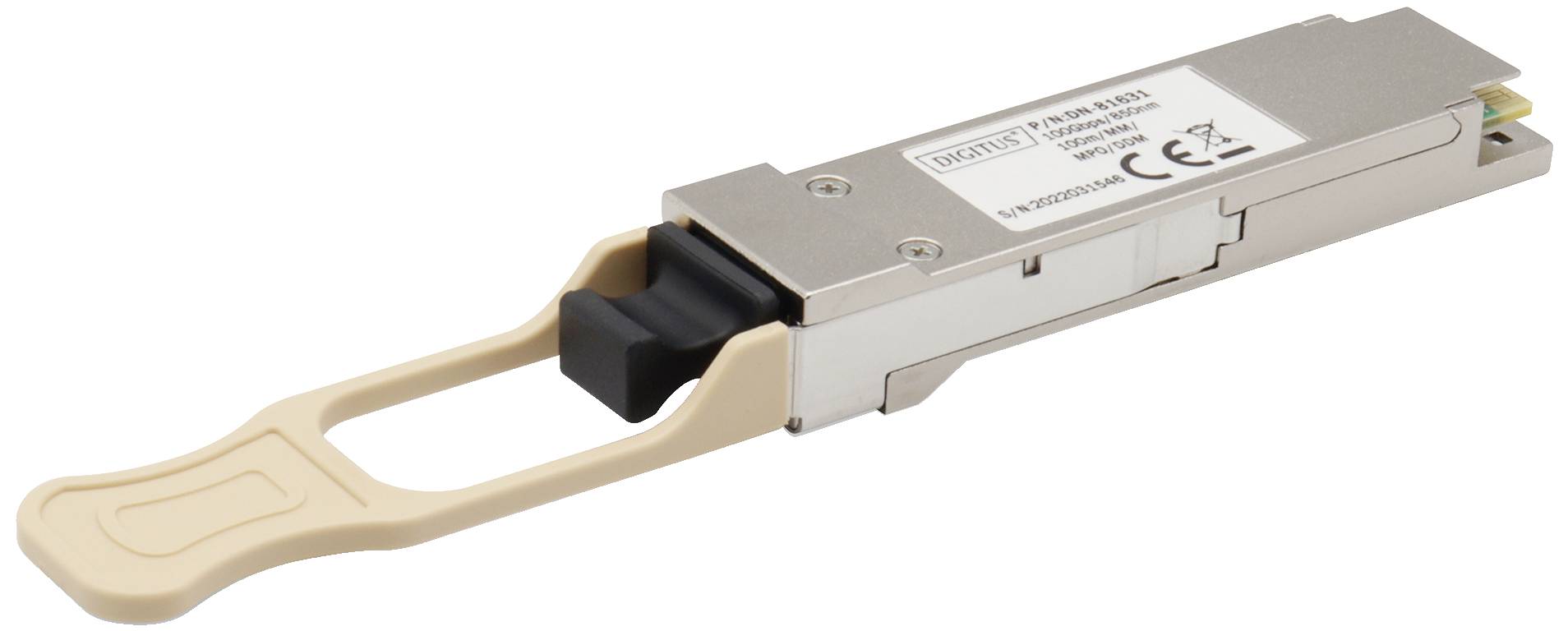 Ein QSFP-DD-Transceiver-Modul, das für High-Speed-Datenverbindungen in Netzwerkausrüstung verwendet wird.