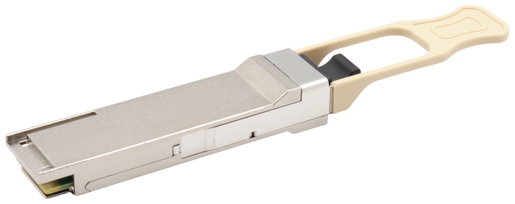 Ein silberner QSFP-Transceiver mit beigefarbener Zugentlastung. Ein Datenübertragungsmodul für Netzwerkgeräte.