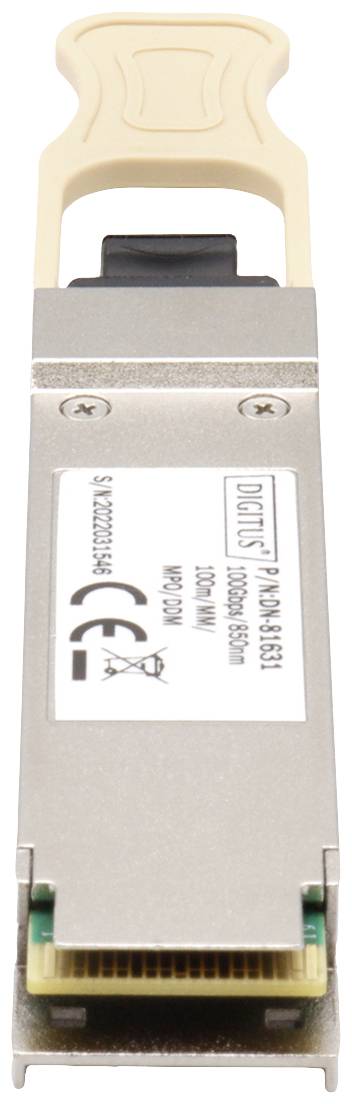 Ein transceiver QSFP28-Modul zur Datenübertragung mit 100G Kapazität in einem Netzwerkgerät mit CE-Kennzeichnung.