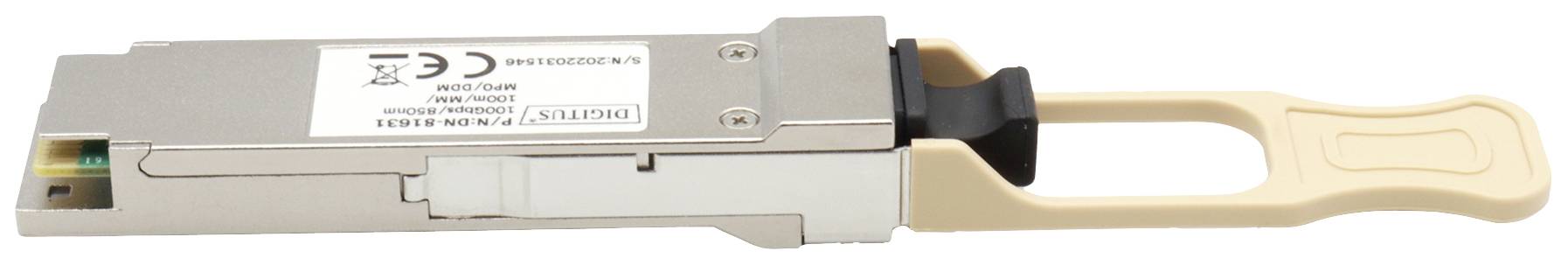 Ein silberfarbener Netzwerkadapter mit schwarzem und beigem Gehäuse, typischerweise verwendet für Computerserververbindungen.