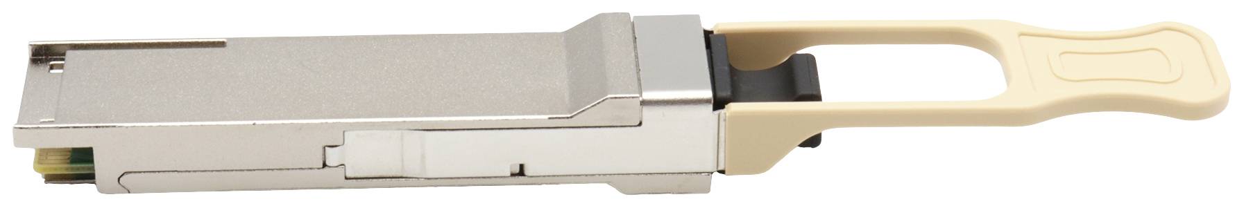 Ein silberner, rechteckiger Netzwerkadapter mit einem cremefarbenen Griff auf der rechten Seite, verwendet für optische Verbindungen.