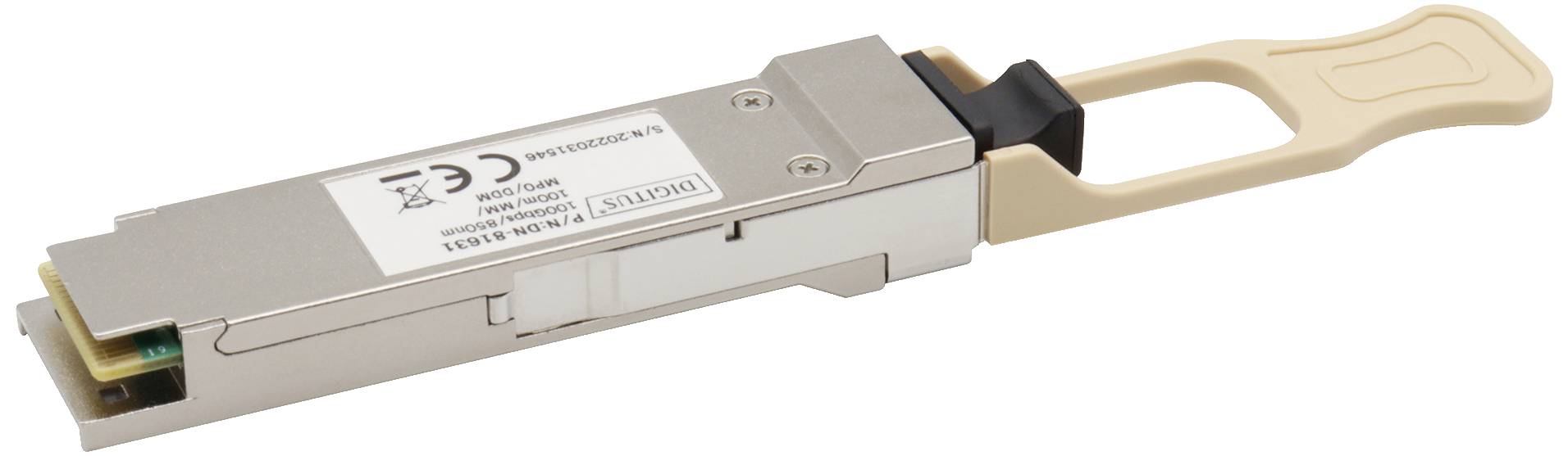 Ein metallischer Transceiver mit Kunststoffgriff, üblicherweise verwendet für Hochgeschwindigkeitsnetzwerkverbindungen in Rechenzentren.