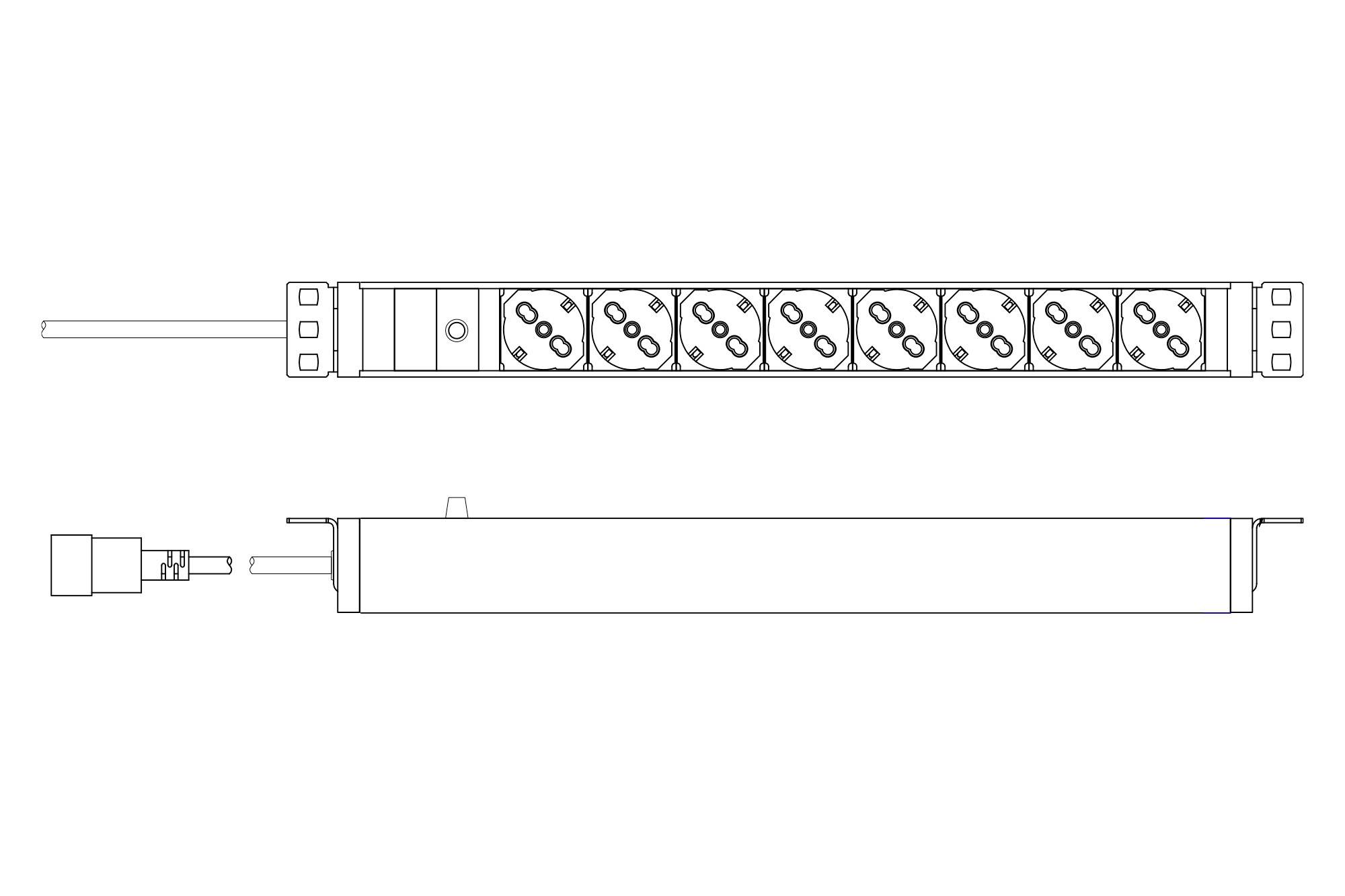 Technische Zeichnung einer Steckdosenleiste mit acht Schuko-Anschlüssen und einem Kabel mit Stecker. Seiten- und Vorderansicht.