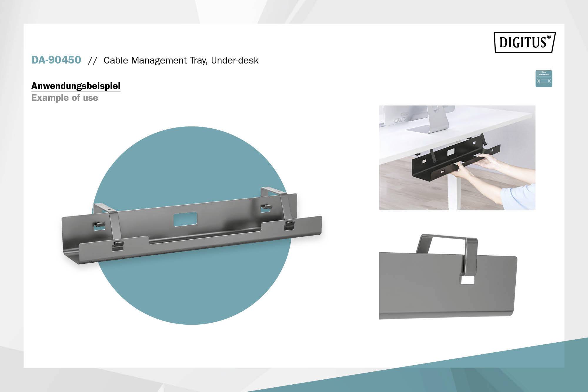 Kabelmanagement-Tablett unter dem Tisch montiert. Anwendungsbild zeigt Halterung für die Kabelorganisation.