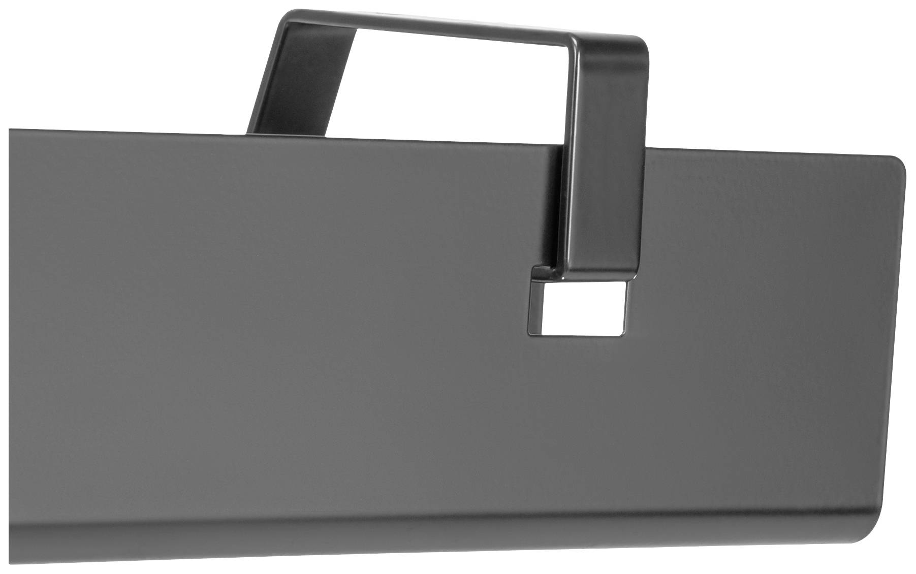 Ein schwarzer, rechteckiger Papierhalter aus Metall mit Griff. Ideal zum Ordnen von Dokumenten im Büro.