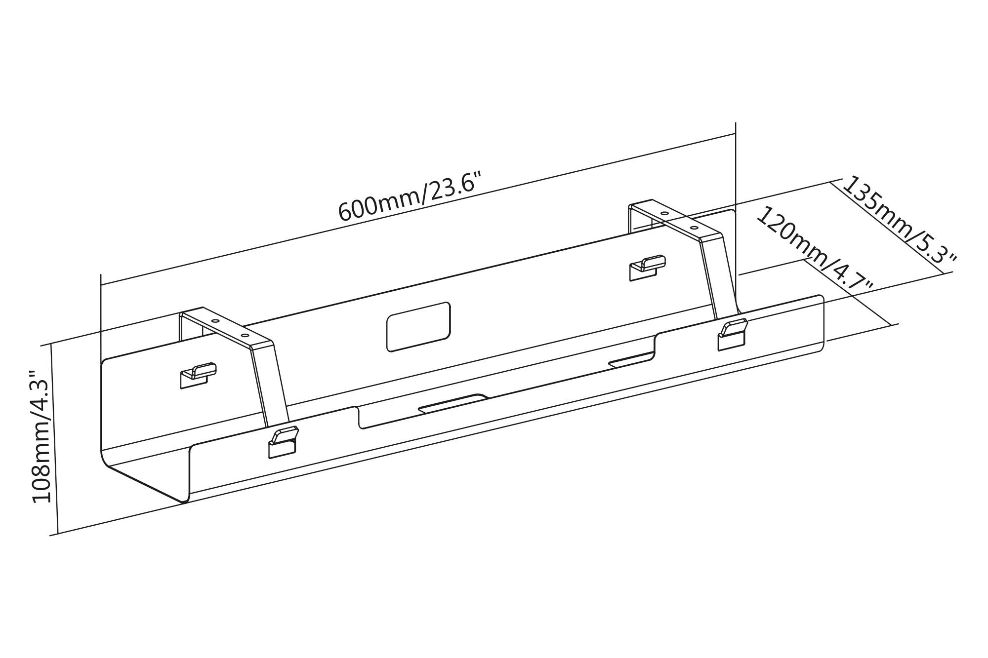 Technische Zeichnung eines Regals mit den Maßen: 600 mm Länge, 135 mm Breite, 108 mm Höhe.