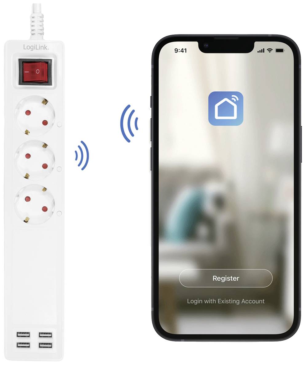 LogiLink SH0103 Schutzkontakt-Steckdose einzeln schaltbar, mit USB-Ladeausgang, per App steuerbar, programmierbar, Stromverbrauchsmessung, Überspan