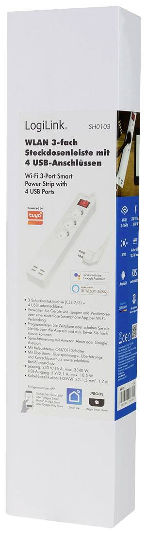 LogiLink SH0103 Schutzkontakt-Steckdose einzeln schaltbar, mit USB-Ladeausgang, per App steuerbar, programmierbar, Stromverbrauchsmessung, Überspan