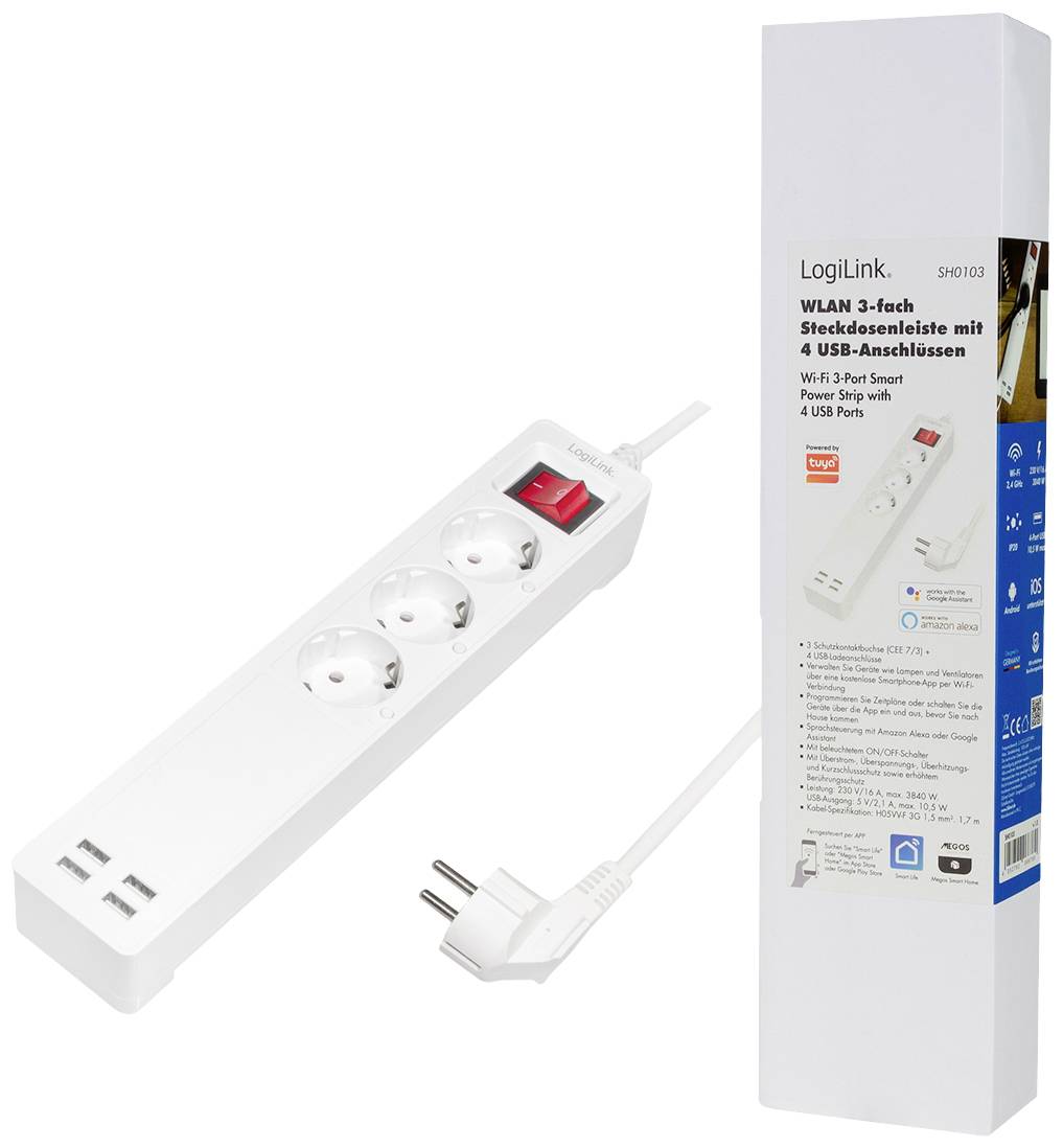 LogiLink SH0103 Schutzkontakt-Steckdose einzeln schaltbar, mit USB-Ladeausgang, per App steuerbar, programmierbar, Stromverbrauchsmessung, Überspan