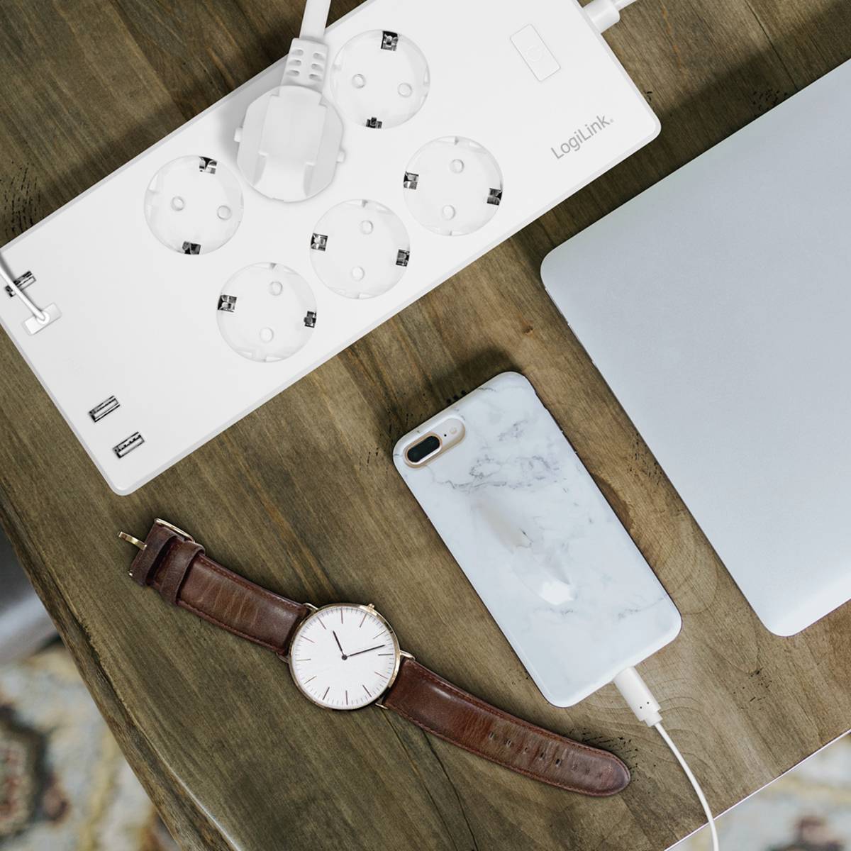 LogiLink SH0105 Schutzkontakt-Steckdose einzeln schaltbar, mit USB-Ladeausgang, per App steuerbar, programmierbar, Stromverbrauchsmessung, Überspan