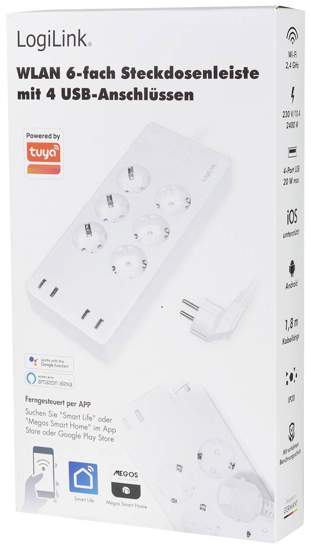 LogiLink Wi-Fi Smart Steckdosenleiste 6-fach (CEE7/3), 4x USB, Tuya kompatibel