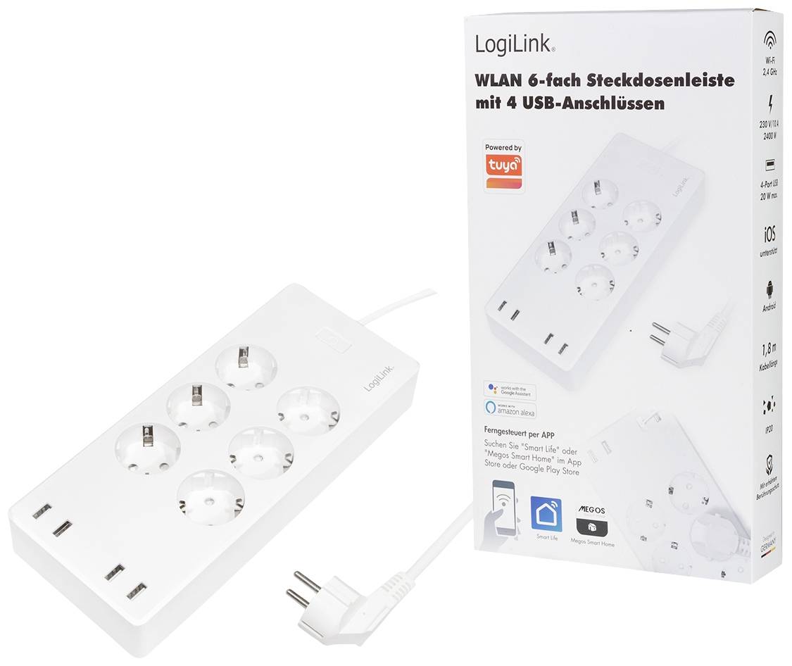 LogiLink Wi-Fi Smart Steckdosenleiste 6-fach (CEE7/3), 4x USB, Tuya kompatibel