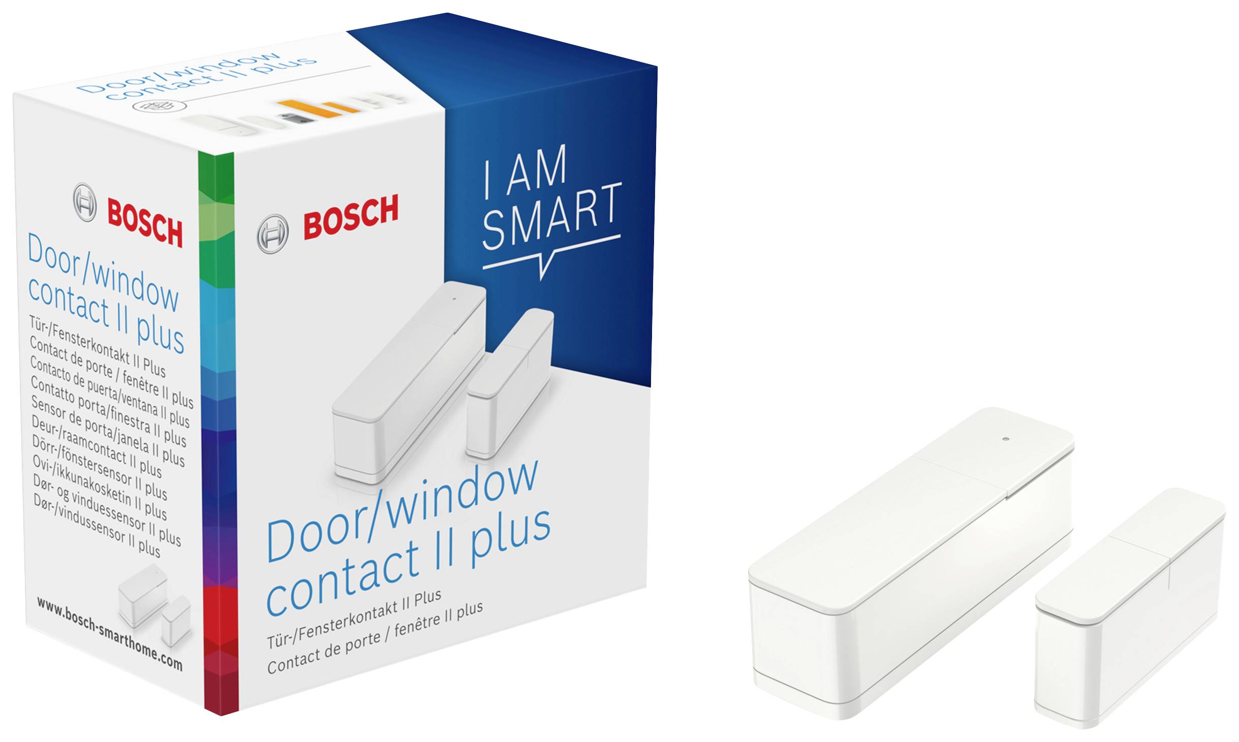 Eine Verpackung und ein Tür/Fensterkontakt der Marke Bosch 'Door/window contact II plus'. Der Kontakt ist weiß und rechteckig.
