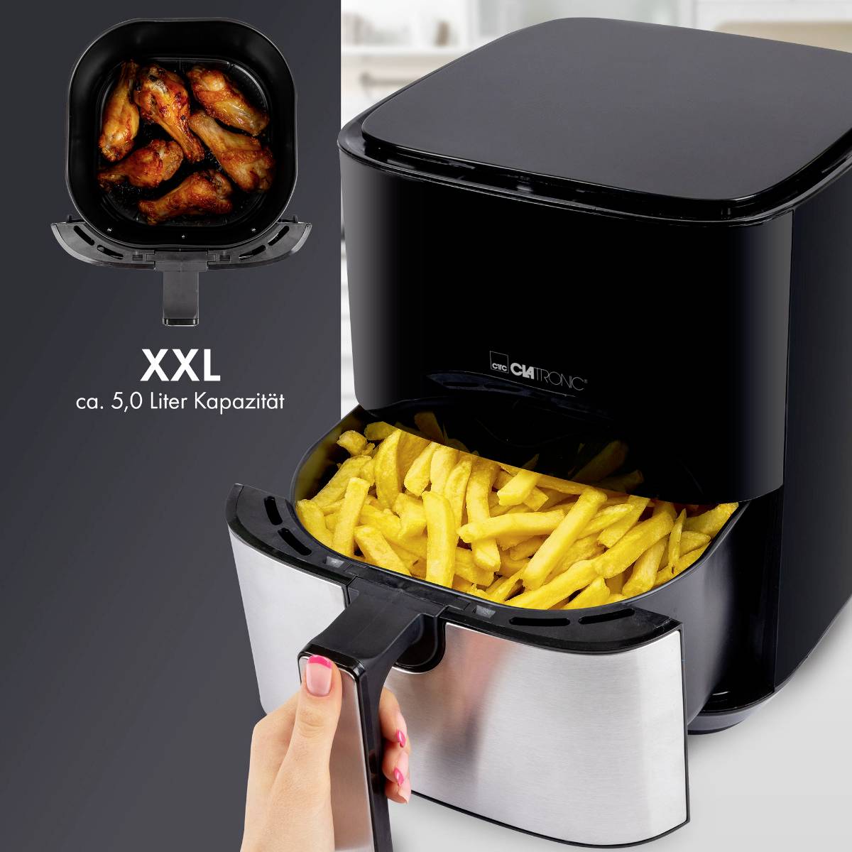 Eine XXL-Heißluftfritteuse mit herausgezogener Lade voller Pommes frites und einer Abbildung von Hähnchenflügeln, 5,0 Liter Kapazität.