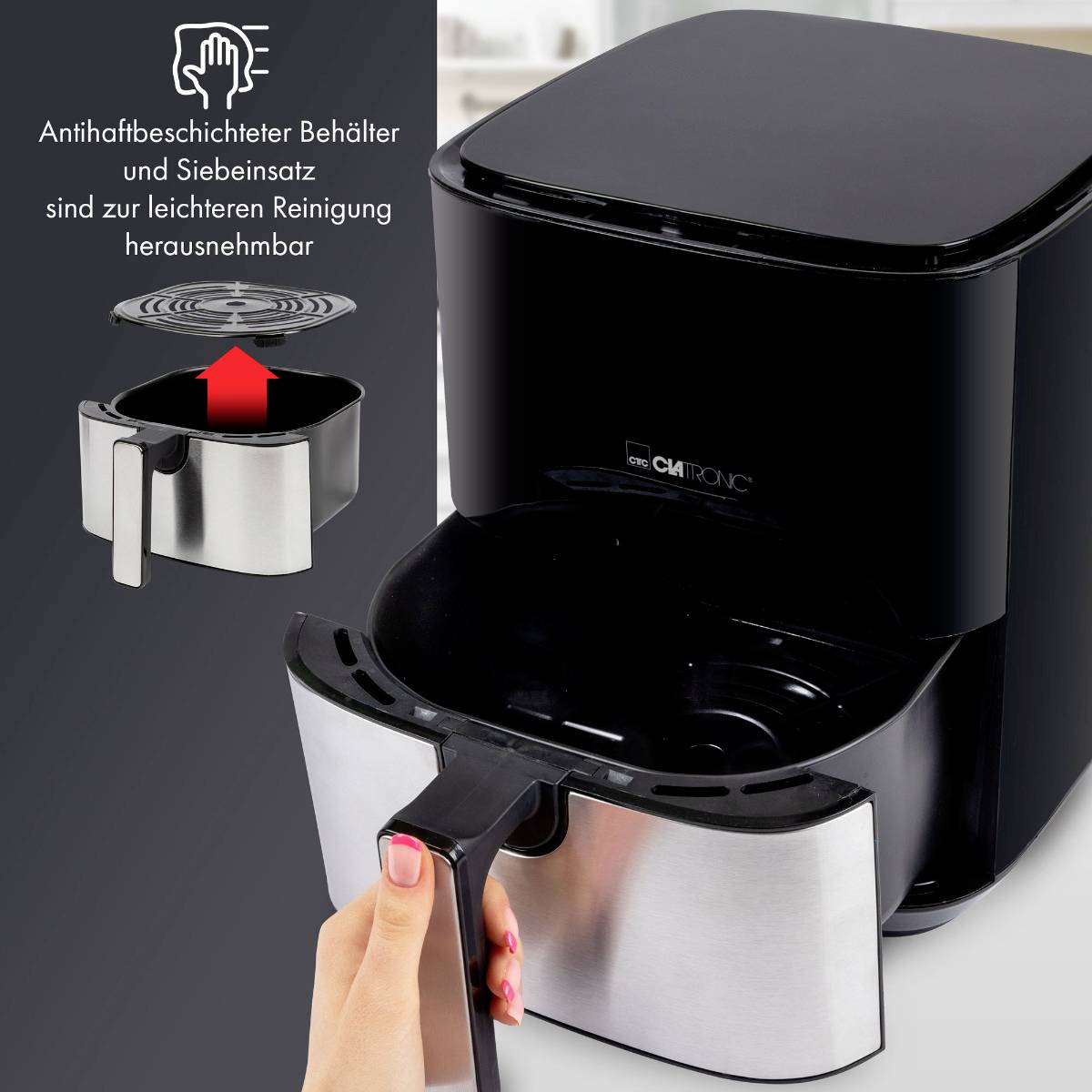 'Antihafbeschichteter Behälter und Siebeinsatz zur einfachen Reinigung herausnehmbar' - Bild eines schwarzen Geräts mit abnehmbarem Behälter.